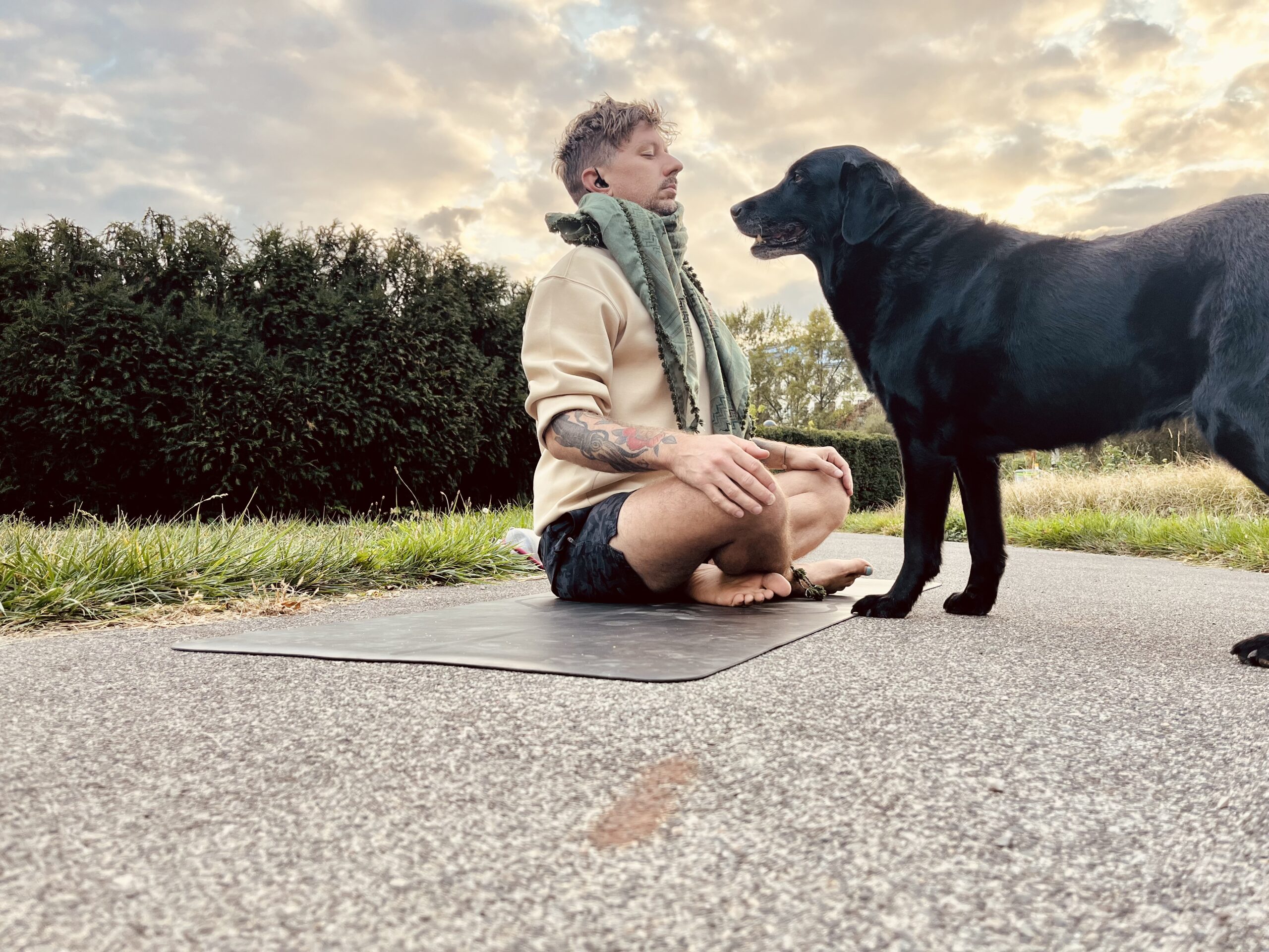 Ein Mann sitzt barfuß im Schneidersitz auf einer Yogamatte auf einem Weg, meditiert mit geschlossenen Augen und gefalteten Händen, während ihn ein schwarzer Labrador aus nächster Nähe interessiert beobachtet, im Hintergrund eine Hecke und der Abendhimmel.
