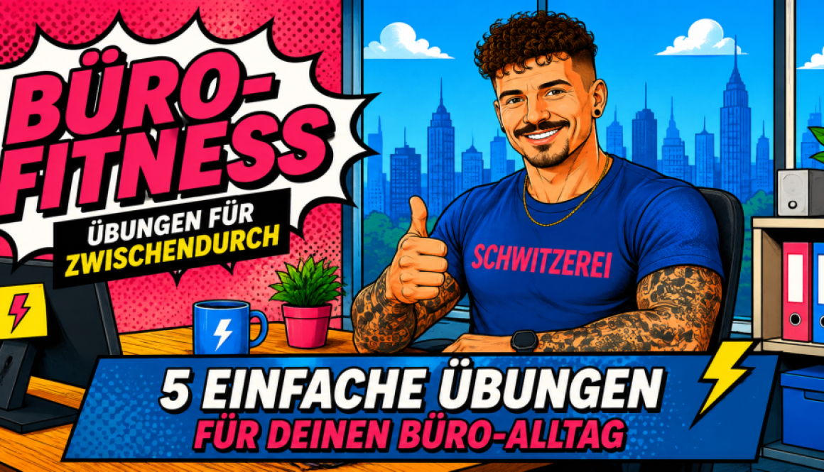 Comic-Illustration zu Büro-Fitness mit dem Text: 5 einfache Übungen für deinen Büro-Alltag
