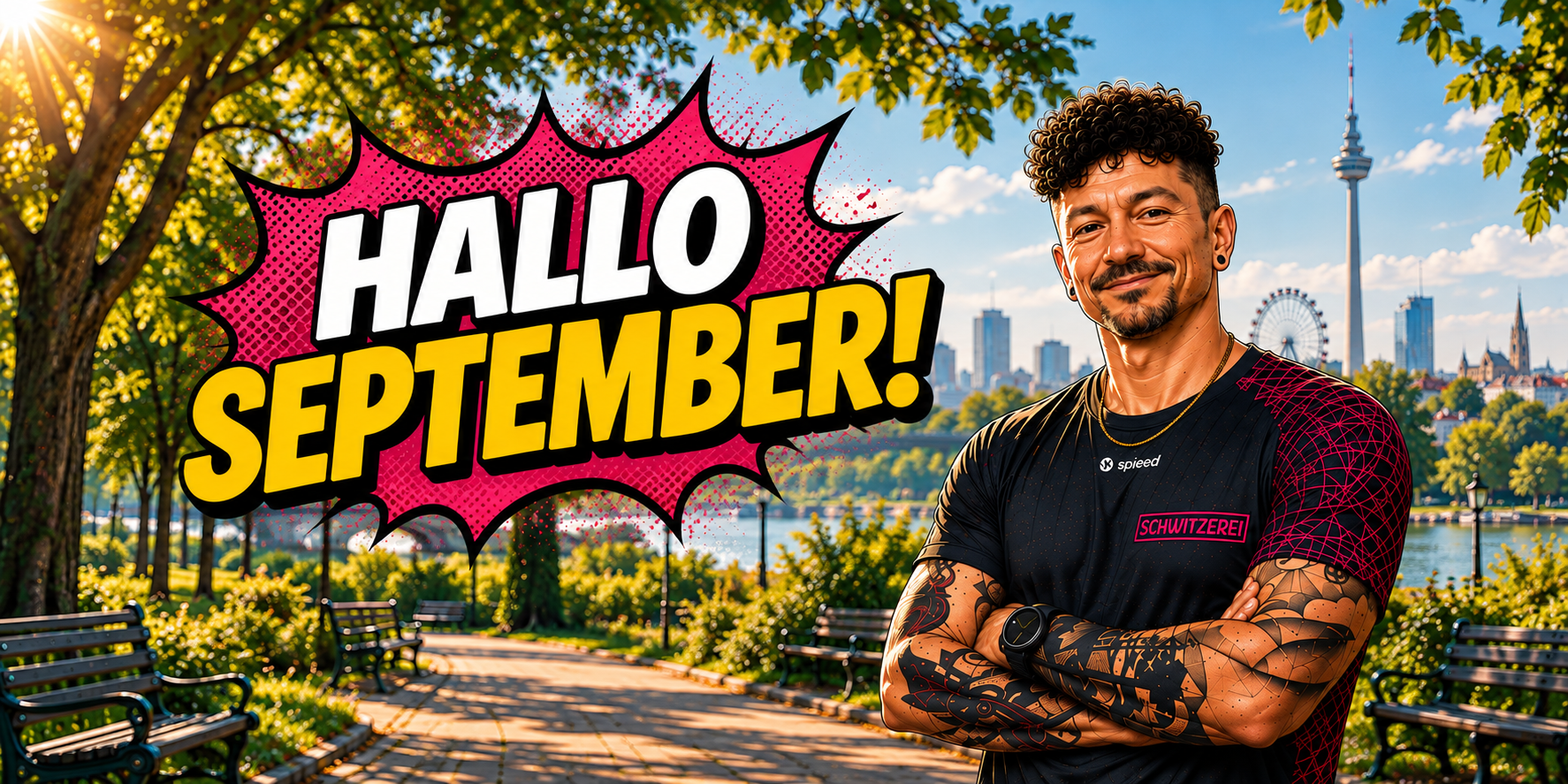 Comicartiges Vorschaubild für den Schwitzerei-Blog: „Hallo September!“ in großen weißen und gelben Buchstaben vor einem pinken Sprechblasen-Element. Rechts steht Manny mit verschränkten Armen in seinem schwarzen Schwitzerei-Sportshirt und sichtbaren Tattoos, im sonnigen Park mit Wiener Skyline im Hintergrund. Oben rechts das Schwitzerei-Logo mit „Bleib verschwitzt“.