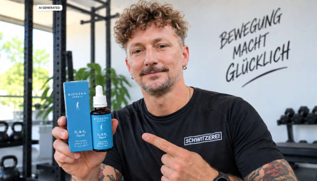 Manfred von der Schwitzerei hält BIOGENA SPORTS D3 & K2 liquid in den Händen und zeigt auf das Produkt im Fitnessstudio.