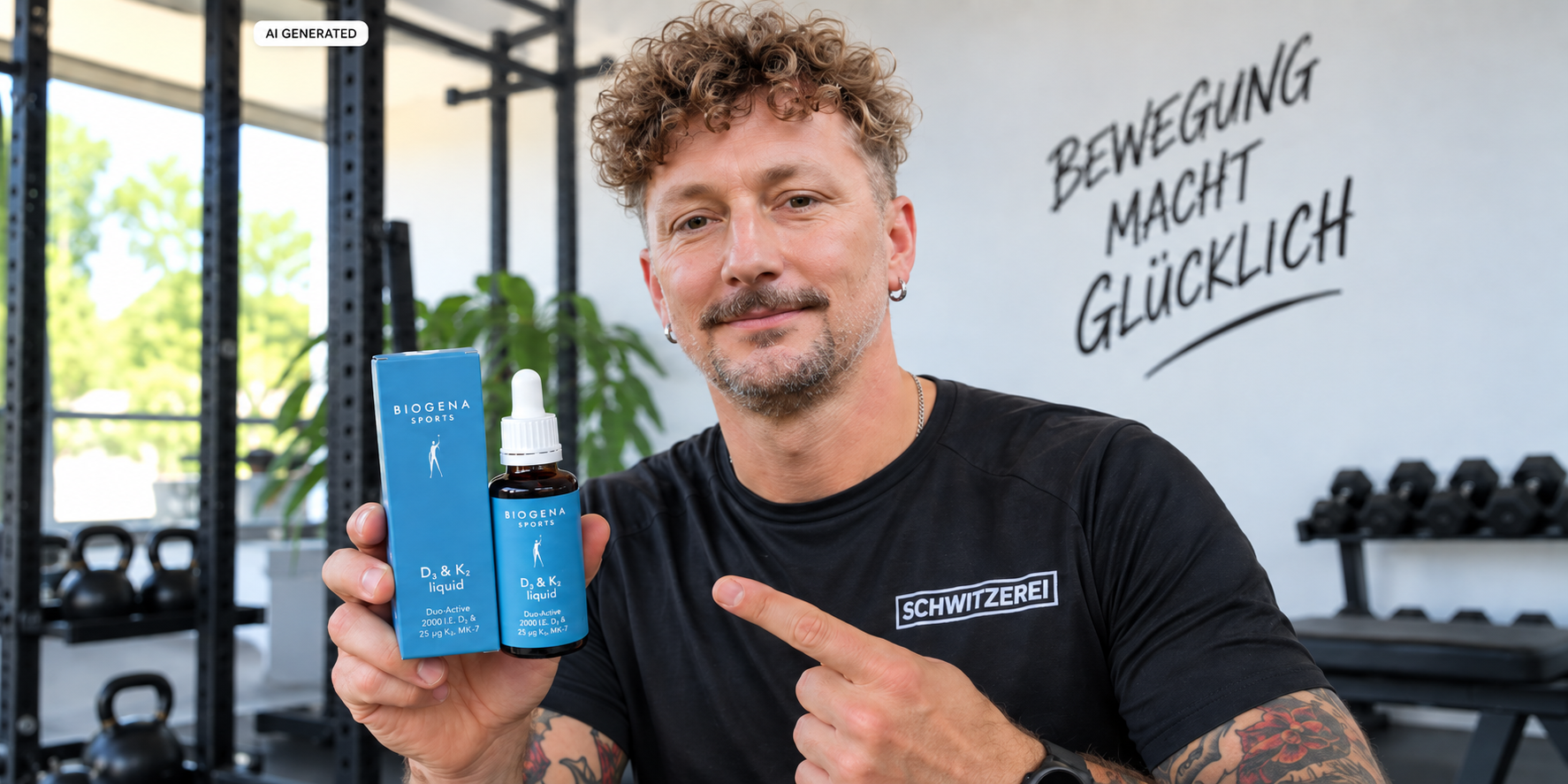 Manfred von der Schwitzerei hält BIOGENA SPORTS D3 & K2 liquid in den Händen und zeigt auf das Produkt im Fitnessstudio.