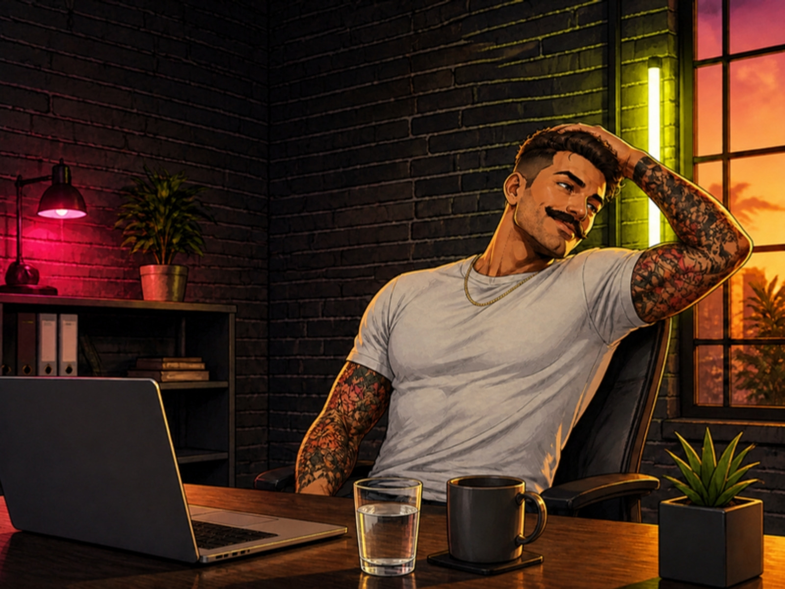 Coach Manny im Comic-Stil sitzt am Schreibtisch und dehnt den Nacken. Auf dem Tisch: Laptop, Glas Wasser, Tasse und eine Pflanze.