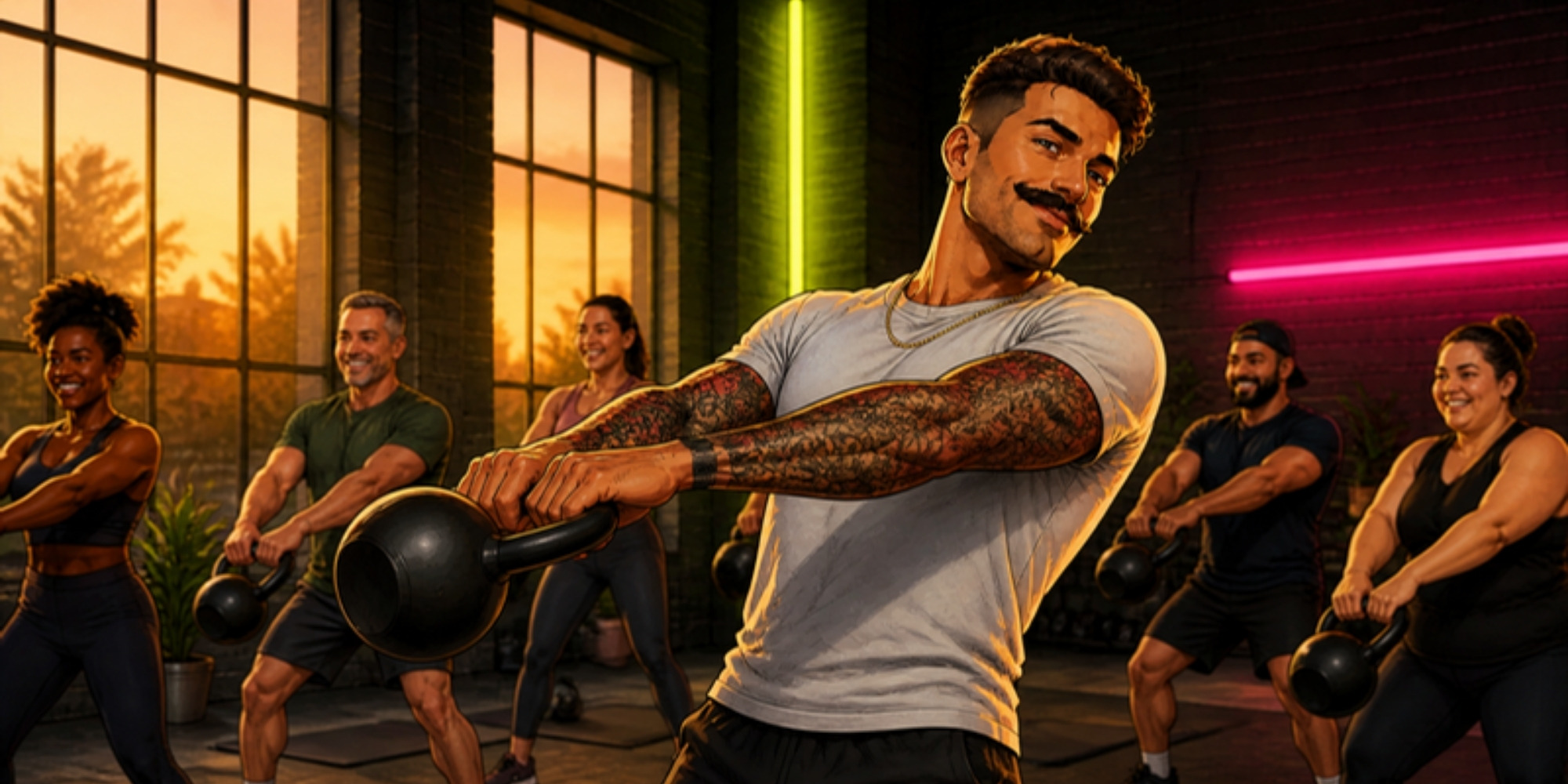 Comic-Zeichnung: Coach Manny macht einen Kettlebell-Swing in einem hellen Trainingsraum. Hinter ihm trainiert eine kleine Gruppe verschiedener Menschen mit Kettlebells.
