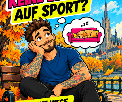 Schwitzerei: Keine Lust auf Sport? 5 einfache Wege, im Herbst trotzdem in Bewegung zu bleiben. Illustration eines träumenden Mannes auf einer Parkbank