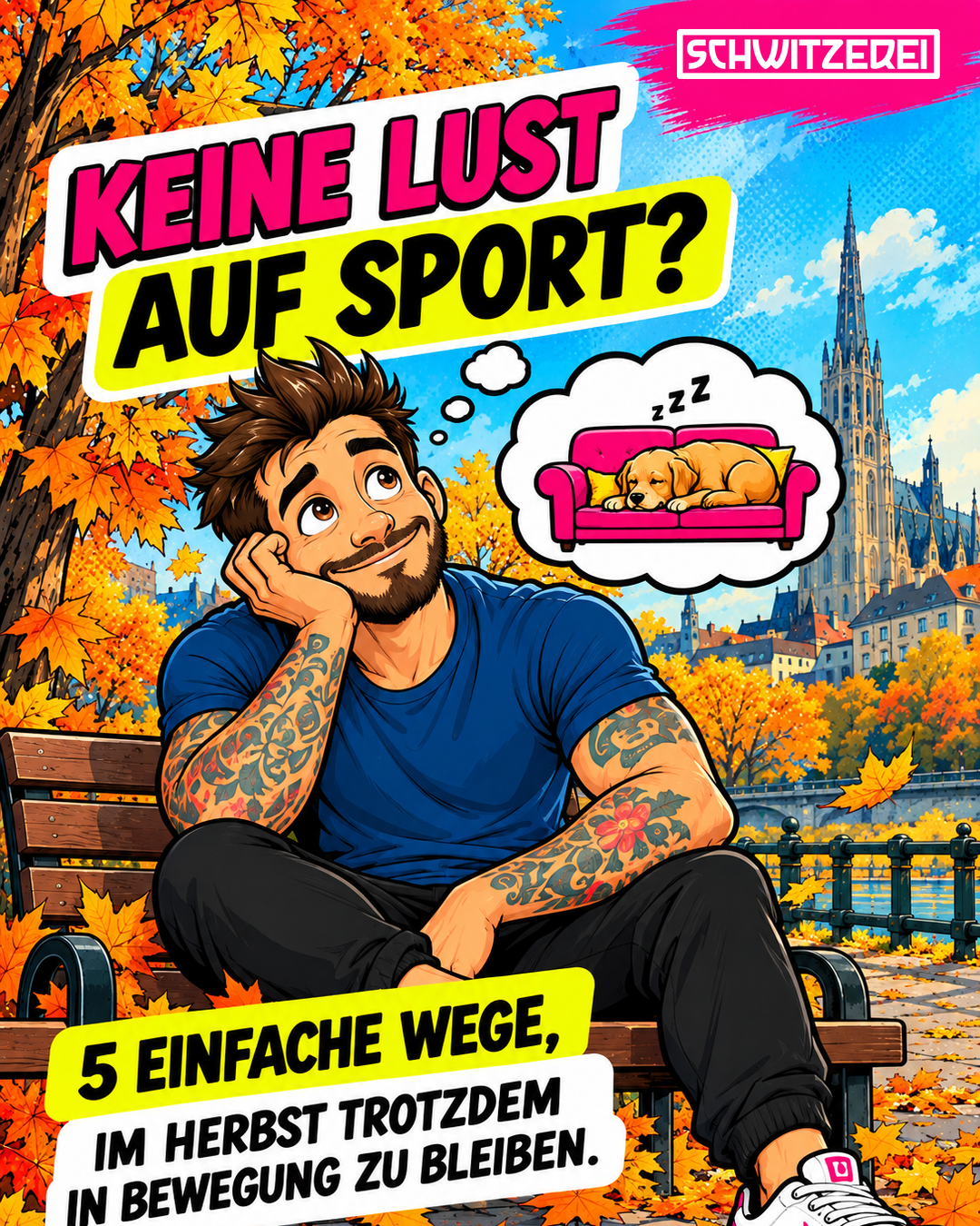 schwitzerei_oktober_slide_01_logo Schwitzerei: Keine Lust auf Sport? 5 einfache Wege, im Herbst trotzdem in Bewegung zu bleiben. Illustration eines träumenden Mannes auf einer Parkbank