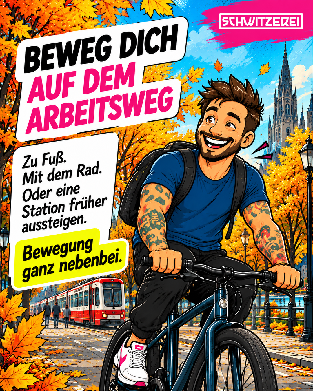schwitzerei_oktober_slide_05_logo Beweg dich auf dem Arbeitsweg: Zu Fuß. Mit dem Rad. Oder eine Station früher aussteigen. Bewegung ganz nebenbei