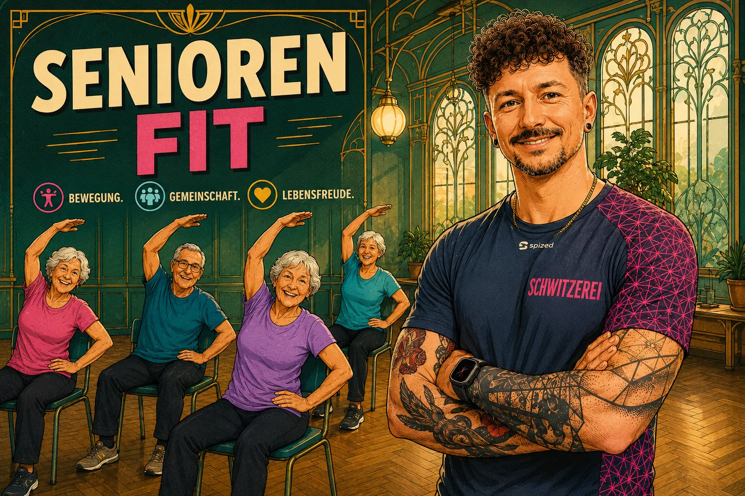 Gezeichnetes Bild: Vier ältere Frauen und Männer sitzen auf Sesseln und strecken einen Arm zur Seite. Rechts steht Trainer Manfred im SCHWITZEREI-Shirt und lächelt. Oben steht: Seniorenfit. Bewegung. Gemeinschaft. Lebensfreude.